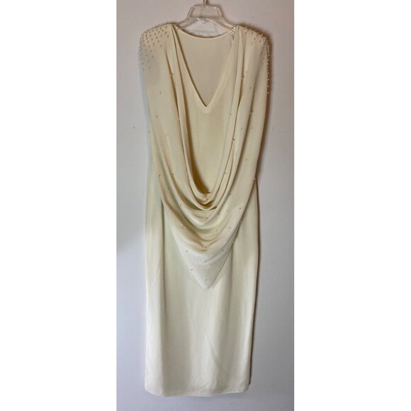 Ivory Draped Front Sleeveless Formal Maxi Dress Beaded Shoulders Small - Picture 1 of 6